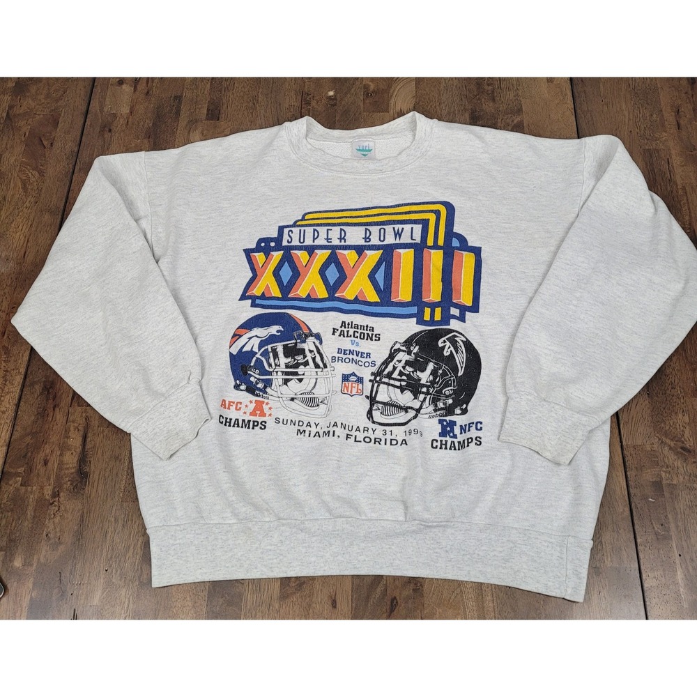 Vintage 90s Super Bowl XXXIII Sweatshirt XL Gray Atlanta Falcons Denver Broncos